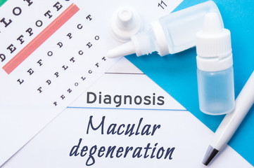 Ophthalmology diagnosis Macular Degeneration. Snellen (eye) chart, two bottles of eye drops (medications) lying on note with inscription Macular Degeneration diagnosis in ophthalmologist office