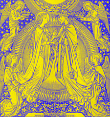 BRATISLAVA, SLOVAKIA, NOVEMBER - 21, 2016: The lithography of Coronation of Virgin Mary by unknown artist with the initials F.M.S (1885) and printed by Typis Friderici Pustet.