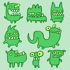 Obraz premium Green Monsters Emoticons Set. Funny Cartoon Cool Characters. Green Color Background. Cheerful Collection Creatures for Web Icons and Shirt. Vector Illustration.