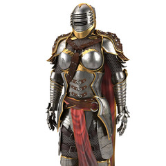 Fototapeta premium medieval armor of fantasy full of women with a closed helmet and red cape. isolated white background. 3d illustration