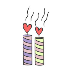 Candles with hearts on the white background for your design.