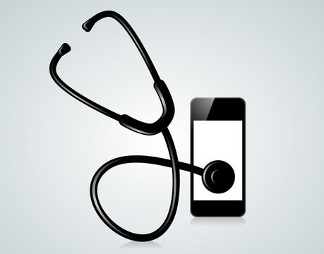 Stethoskop empfängt Daten aus einem Mobiltelefon / Vektor, Querformat