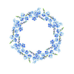 Forget-me-not watercolor flowers united in a circular frame. Hand painted watercolor