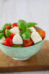 caprese salad on turquoise background