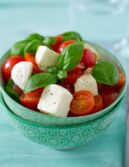caprese salad on turquoise background