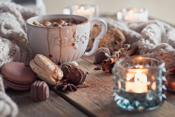 Christmas or New Year composition with hot chocolate or cocoa an