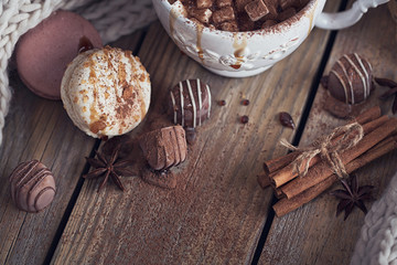 Christmas or New Year composition with hot chocolate or cocoa an