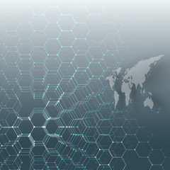 White dotted world map, connecting lines and dots on blue background. Chemistry pattern, hexagonal molecule structure, medical research. Medicine, technology concept. Abstract design vector.