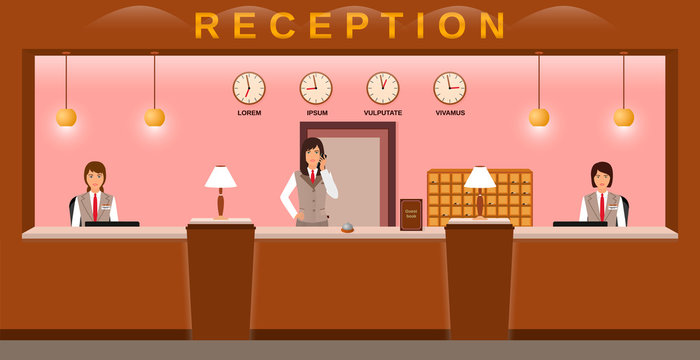 Hotel reception service. Hotel employees welcome guests on their workplace. Business office receptionists.