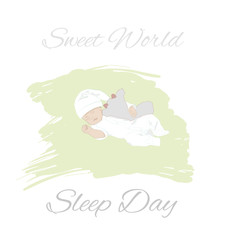 Lovely sweet newborn baby sleeping. World Sleep Day concept. Sketch, hand drawn vector illustration for for cards, print