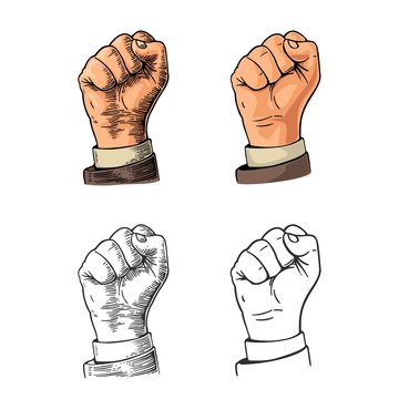 Human hand with a clenched fist. Vector black vintage engraved illustration isolated on a white background. Hand sign for web, poster, info graphic