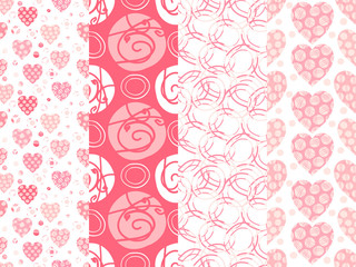 Set of vector seamless background patterns with hearts and abstract shapes in pink colors on white background