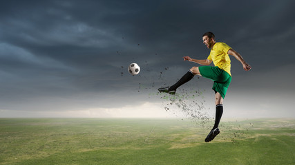 Fototapeta na wymiar Soccer player outdoors . Mixed media