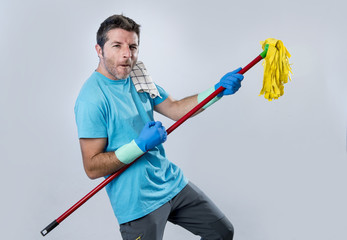 domestic service man or happy husband cleaning home playing with