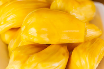 Naklejka na ściany i meble Piece of yellow jackfruit meat balls.closeup shot. (jackfruit)