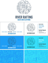 Vector rafting gear visiting card. Business card set with abstract seamless background pattern. Corporate identity template with river rafting line icons logo.