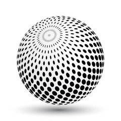 Halftone effect sphere in black and white. Vector 3D object with dropped shadow.