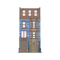 Beautiful detailed linear cityscape collection with townhouses. Small town street with victorian building facades. Template for web, graphic, game and motion design. Vector illustration