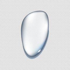 Realistic pure and transparent water drops set with shadow on gray background. Vector illustration