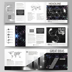 Set of business templates for tri fold square design brochures. Leaflet cover, abstract flat layout, easy editable vector. Sacred geometry, glowing geometrical ornament. Mystical background.