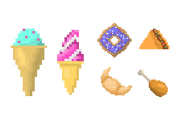 Pixel art fast food icons vector.