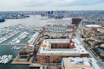 Aerial view of the Canton waterfront, in Baltimore, Maryland.