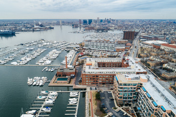 Aerial view of the Canton waterfront, in Baltimore, Maryland.