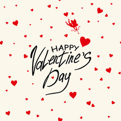 Card for Happy Valentine's Day inscription with cupid and hearts. It can be used as seamless pattern.