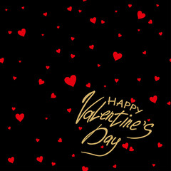 Card Happy Valentine's Day. Golden lettering and red hearts on a black background. It can be used as seamless pattern.