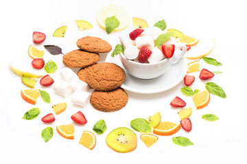 oatmeal cookies and colorful fruit mix dessert isolated on white