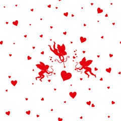 Card Happy Valentine's Day. Vector silhouette three Cupid to aim at target big red heart. It can be used as seamless pattern.
