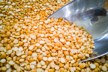 Heap of fresh dried corn maize kernel with scooper