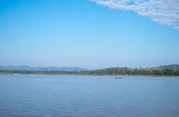 View of Mekong River with mountains at Chiang Khan District, Loei Province, northeastern Thailand