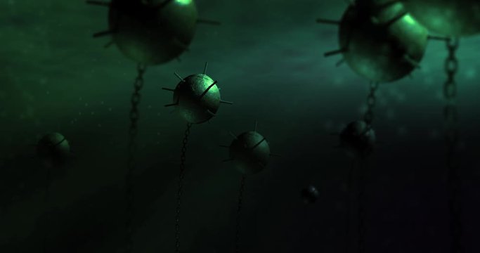 An underwater shot of CG animated World War 2 Submarine Mines ALT