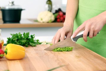 Close up of  woman's hands cooking in the kitchen. Housewife slicing ​​white bread. Vegetarian and healthily cooking concept