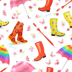 spring seamless texture with lovely female rubber boots, umbrell