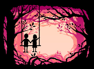 kids playing swing natural background with trees, plants. vector