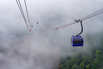 Forested mountain slope in low lying cloud with the evergreen conifers shrouded in mist in a scenic landscape view and a ski lift with cabins.