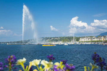 Lake Geneva and fountain in the summer