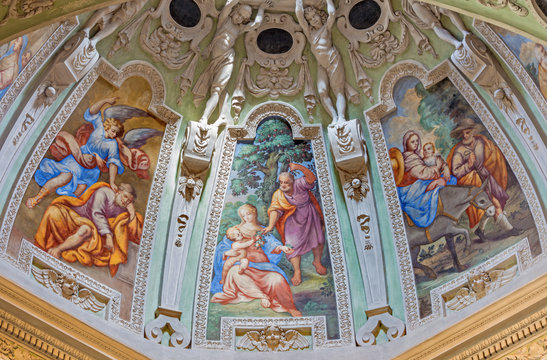 BRESCIA, ITALY - MAY 22, 2016: The fresco of stories of Holy Family in apse of St. Joseph chapel in church Chiesa di San Francesco d'Asissi by unknown artist of 16. cent.