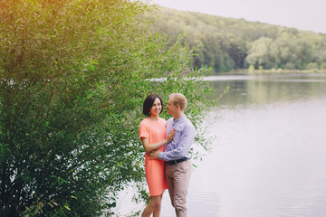 loving couple walking park