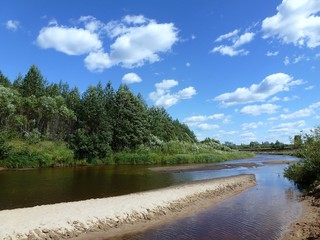 Пейзаж с песчаными островами на лесной речке