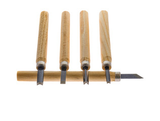 set of wood carving tools on white background