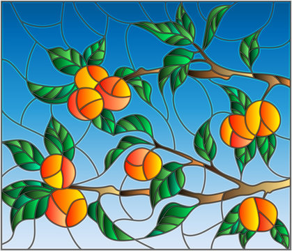 Illustration in the style of a stained glass window with the branches of orange tree , the fruit branches and leaves against the sky