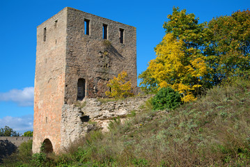 Fototapeta na wymiar Nabatnaya tower in autumn scenery. Ivangorod fortress, Russia