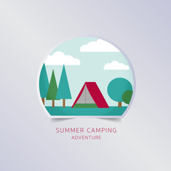Summer camping greeting card typography flyer template with lettering. Poster, card, label, banner design set. Vector illustration
