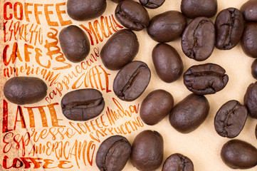 Top view of roasted coffee beans with Typography. use for backgr