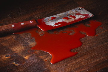 A puddle of blood and rusty knife. Murder. - 136639125