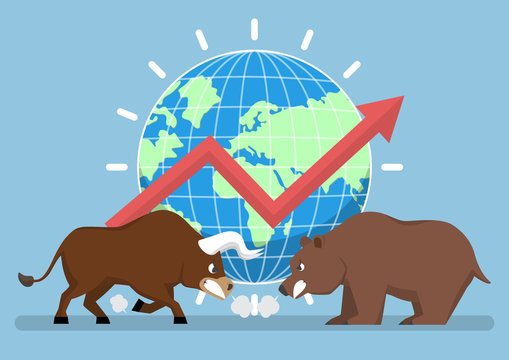 Bull and bear with world and graph in background