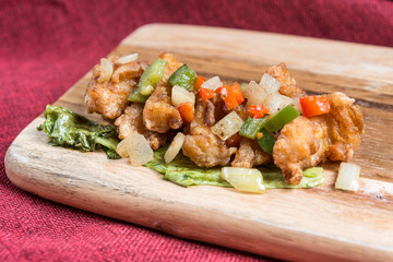 wok fried chicken stir fry with sweet peppers and chinese vegeta